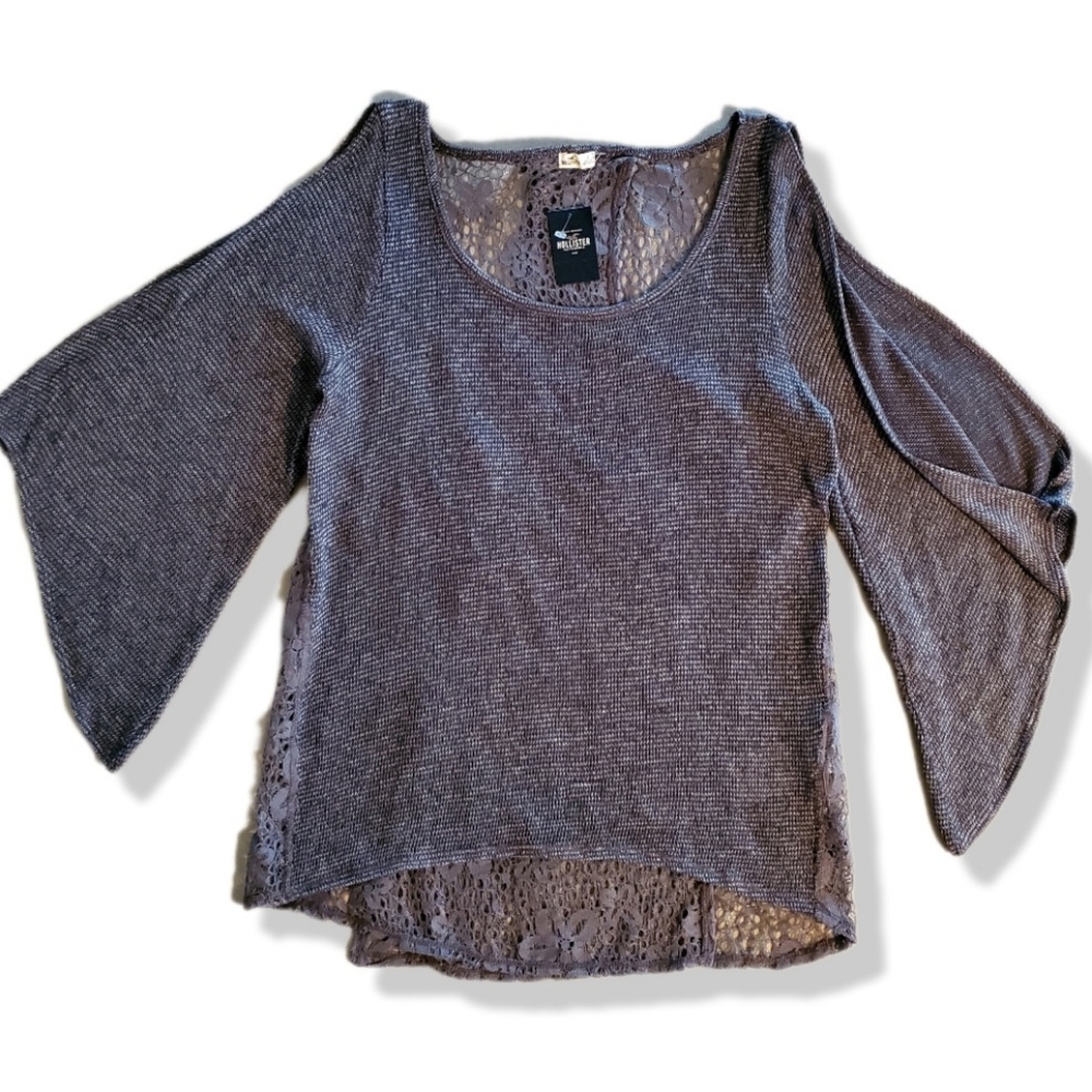 Hollister Hi Lo Grey Top NWT Size L, 3/4 Cold Shoulder Sleeves, Slit Back Lace
